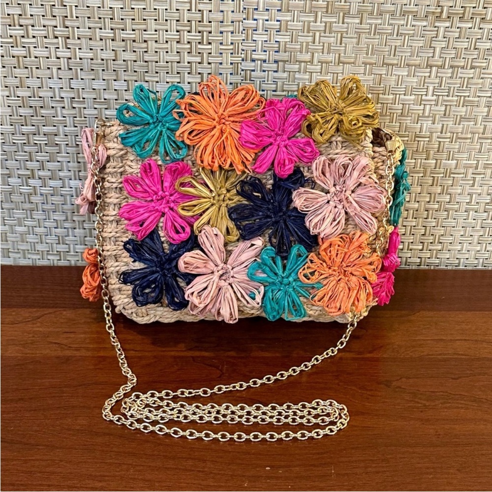NWOT Anthropology Colorful Rafia Floral Paper Straw Woven Clutch Crossbody